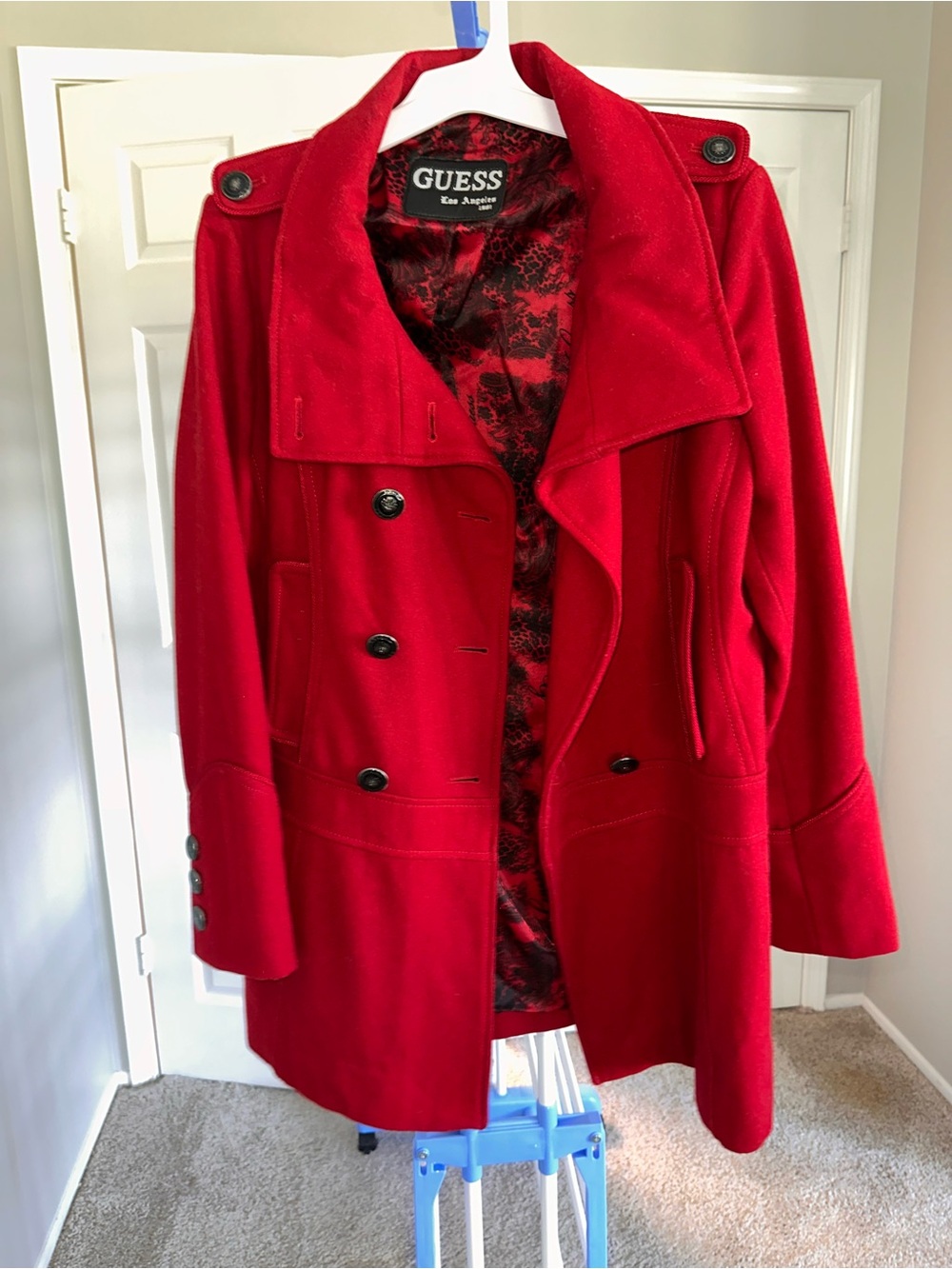 GUESS Vibrant Red Double-Breasted Peacoat